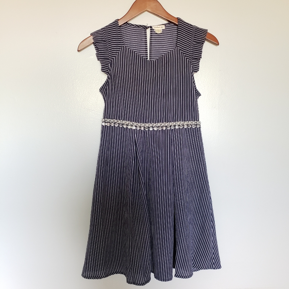 Monteau Kids Navy & White Stripes Dress with Jewel Detail Size Large